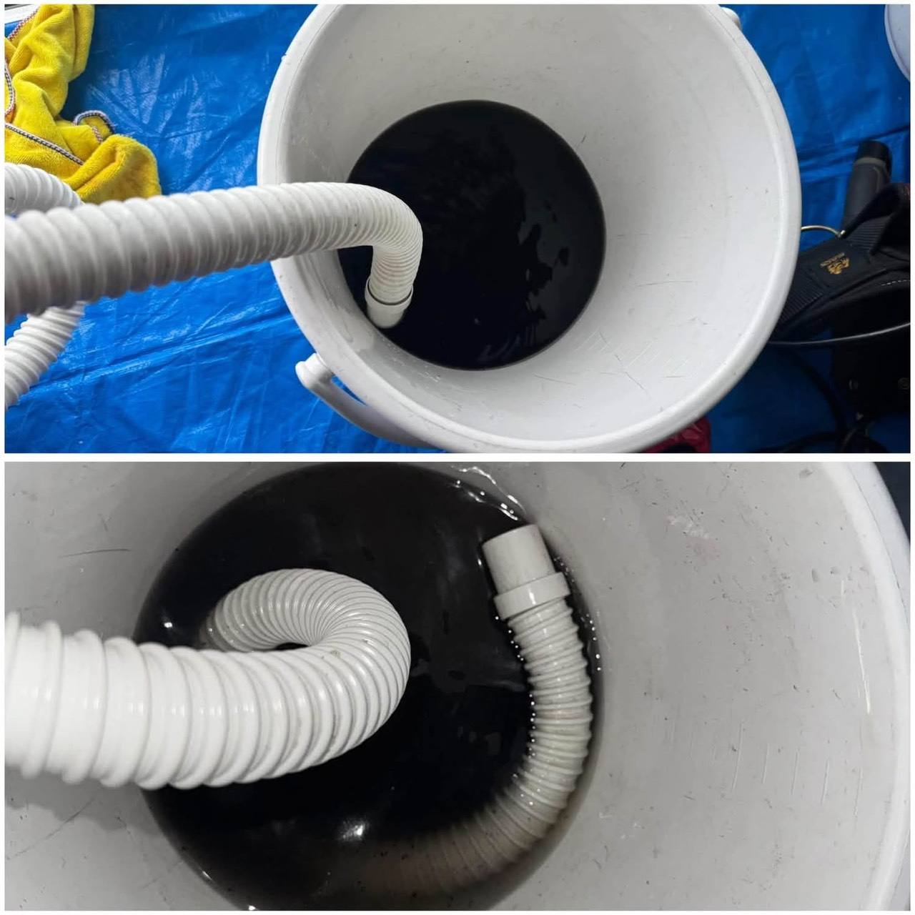 エアコンクリーニングで回収した黒く濁った洗浄水