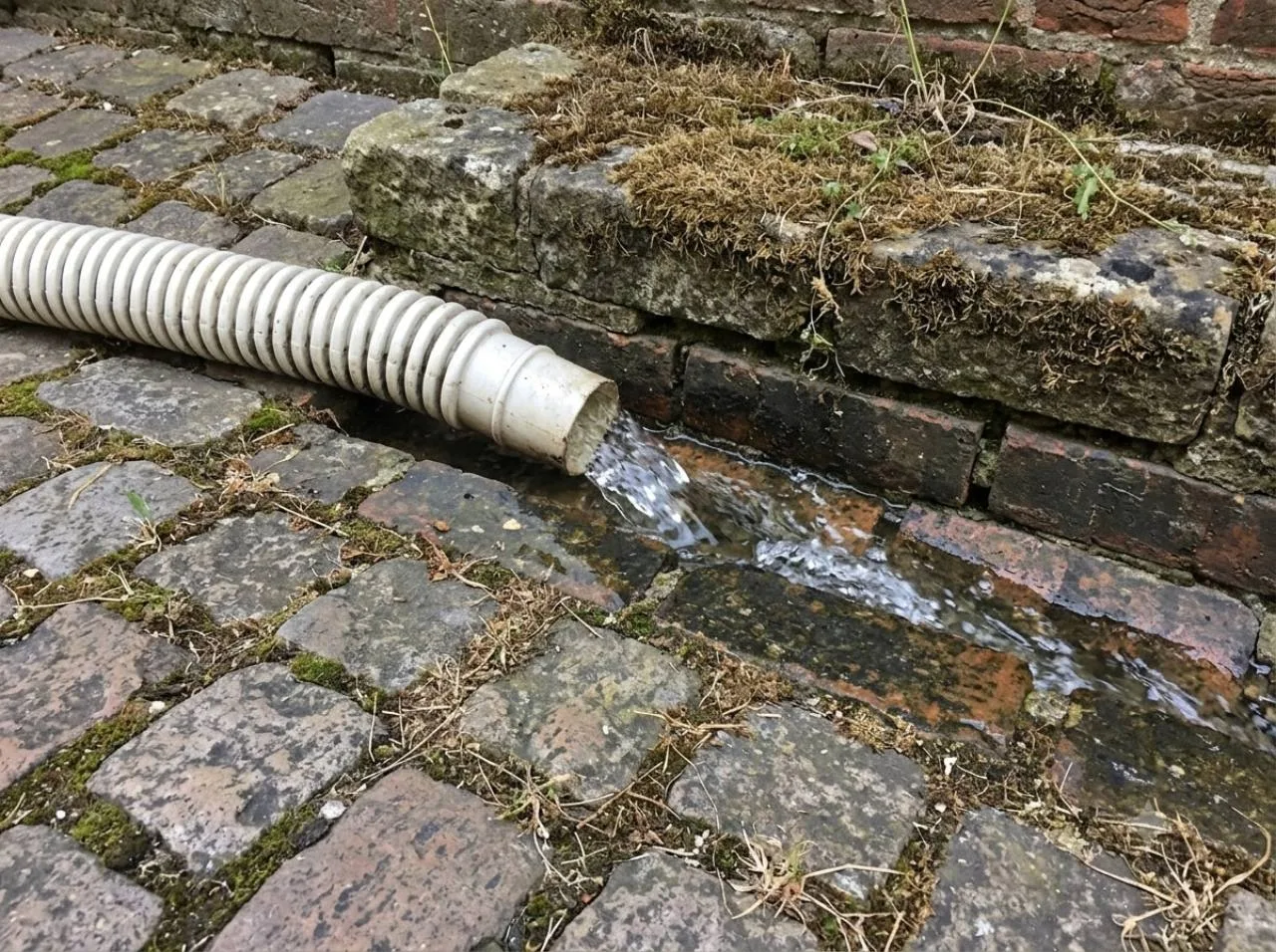 サクションポンプで詰まりを除去した後にドレンホースから水が流れる状態